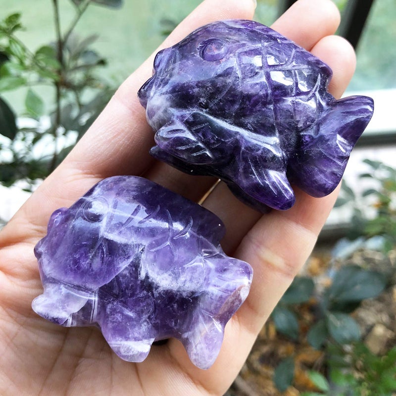 Fekuar Hand Carved Amethyst Fish Figurine, Healing Crystal Animal Statue Pocket Stone Reiki Home Decoration Fengshui Sculpture 2 Inches - Image 3